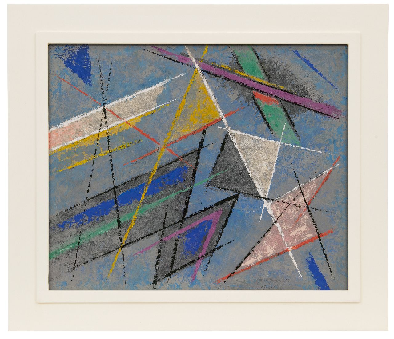 Gerrits G.J.  | Gerrit Jacobus 'Ger' Gerrits | Watercolours and drawings offered for sale | Composition with triangles, pastel and gouache on paper 42.0 x 53.0 cm, signed l.r. and dated 27.8.53.