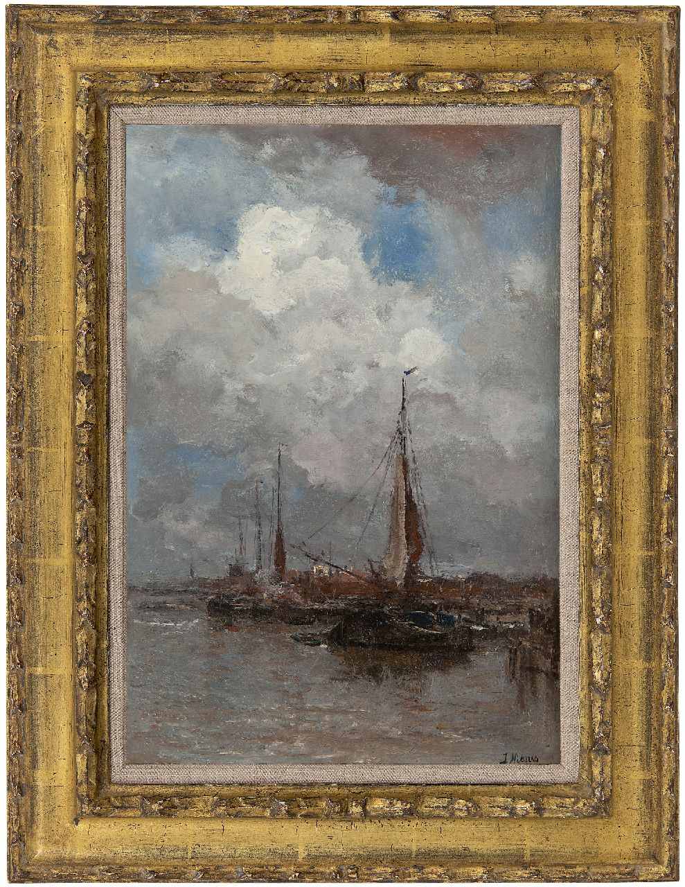 Maris J.H.  | Jacobus Hendricus 'Jacob' Maris, A fishing harbour, oil on canvas 44.9 x 30.6 cm, signed l.r.