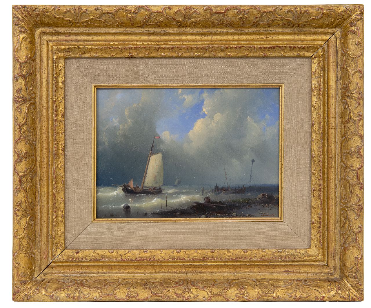 Hulk A.  | Abraham Hulk, Ship near a harbour in heavy weather, oil on panel 14.5 x 20.2 cm, signed l.r.