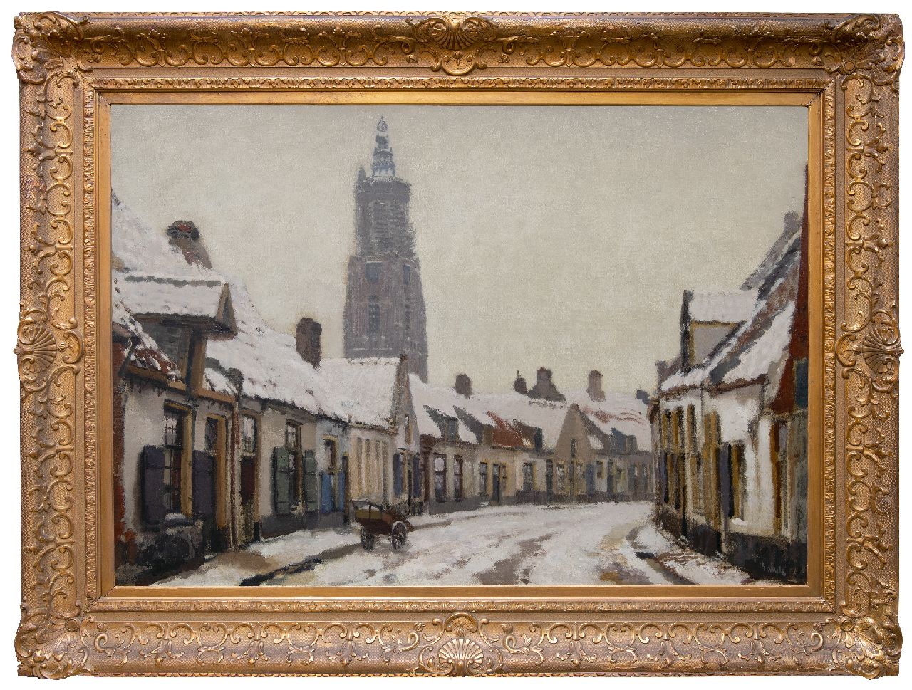 Bakels R.S.  | Reinier Sybrand Bakels | Paintings offered for sale | A winter view in Amersfoort with the Onze Lieve Vrouwetoren, oil on canvas 91.8 x 131.8 cm, signed l.r. and painted ca. 1920