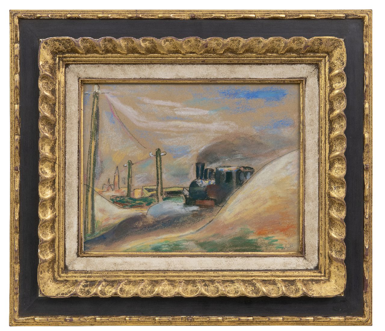 Gestel L.  | Leendert 'Leo' Gestel | Watercolours and drawings offered for sale | Amsterdam West, sand train on the Ringspoor, the driver's birthday, pastel on paper 25.9 x 32.8 cm, signed l.r. and dated 1934