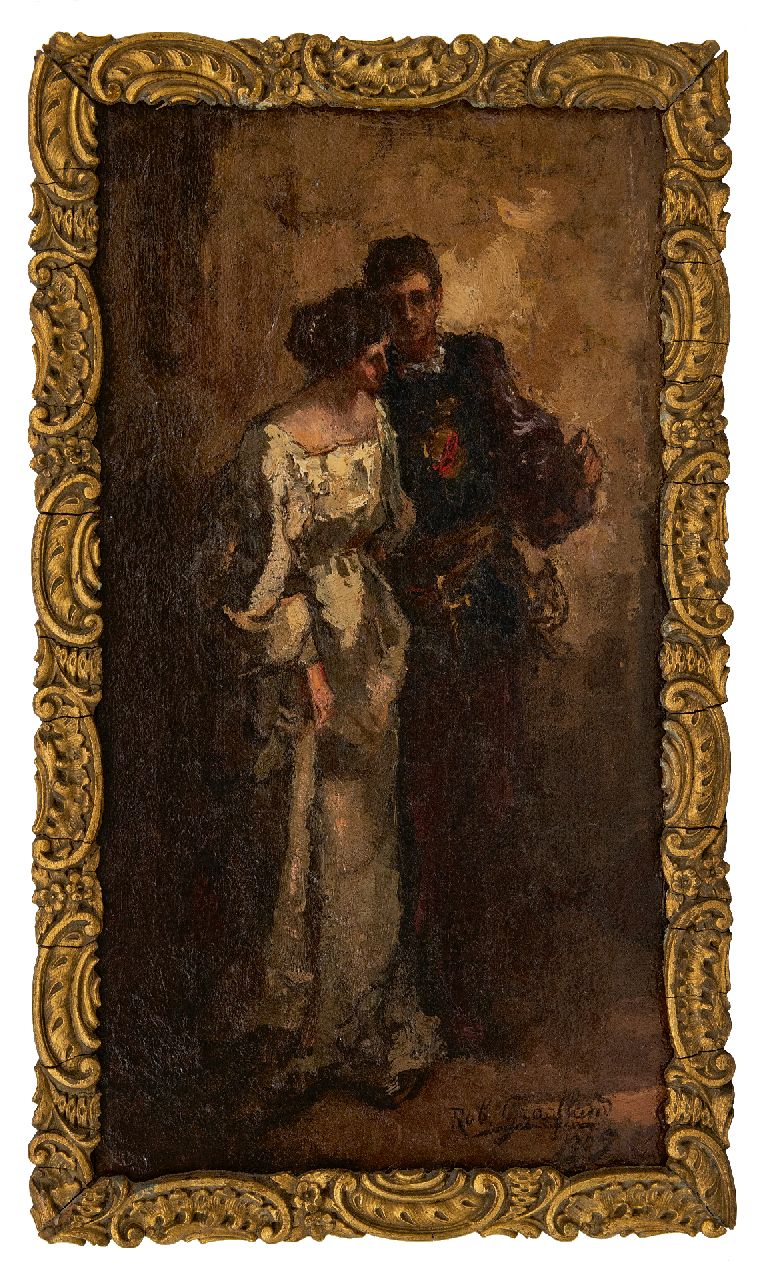 Graafland R.A.A.J.  | Robert Archibald Antonius Joan 'Rob' Graafland | Paintings offered for sale | On the way to the ball, oil on canvas laid down on panel 38.6 x 21.3 cm, signed l.r. and dated 1905
