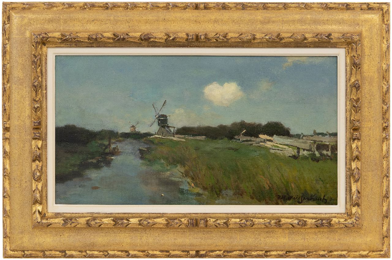 Weissenbruch H.J.  | Hendrik Johannes 'J.H.' Weissenbruch, Windmills along polder canal near Noorden, oil on canvas laid down on panel 23.0 x 43.1 cm, signed l.r.