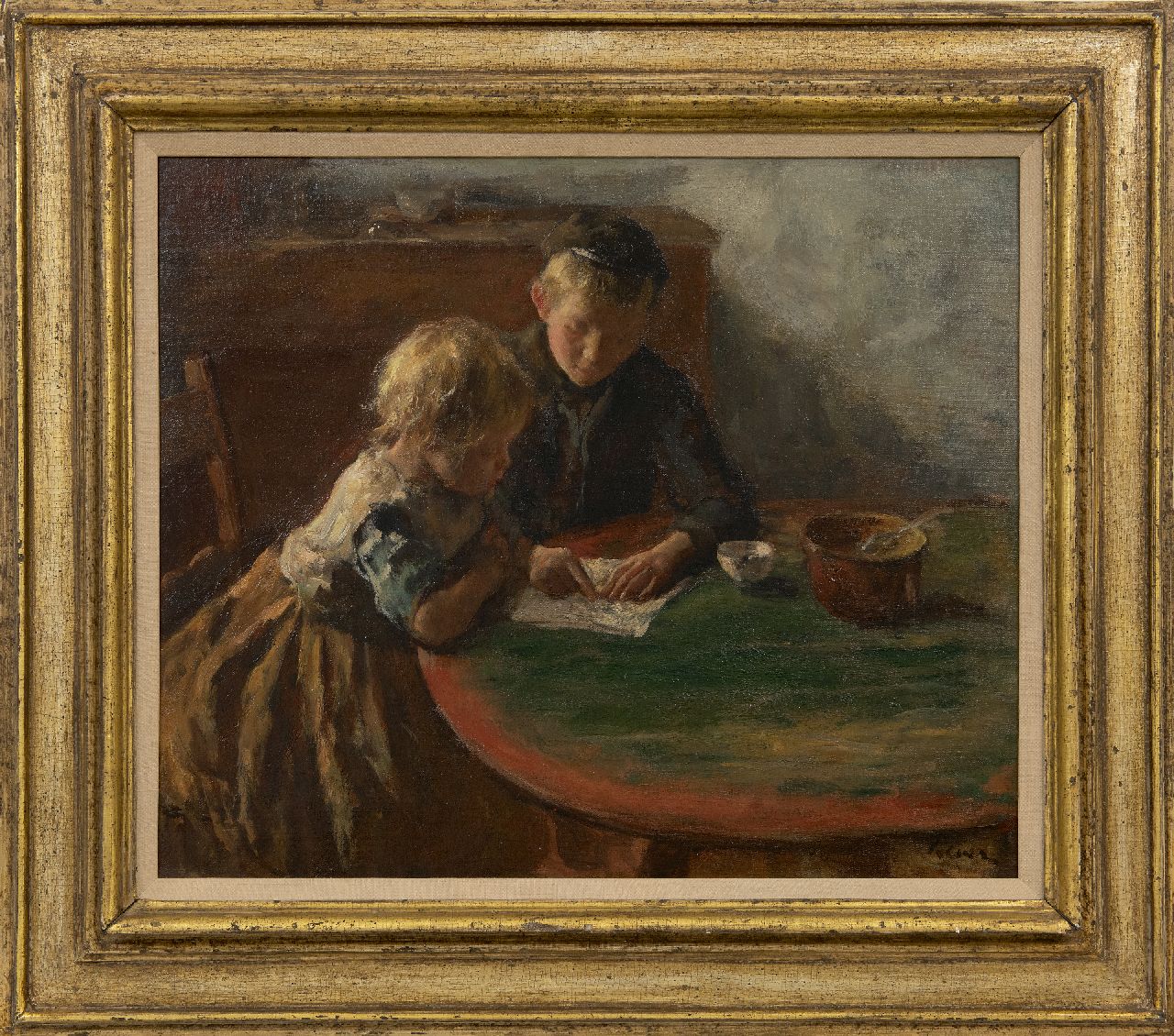 Kever J.S.H.  | Jacob Simon Hendrik 'Hein' Kever, The reading lesson, oil on canvas 44.0 x 52.6 cm, signed l.r.