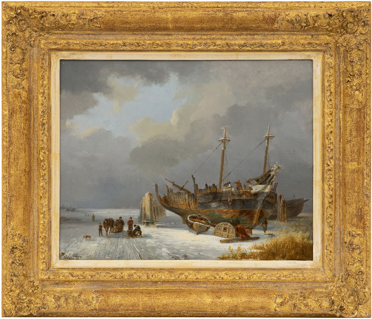 Nuijen W.J.J.  | Wijnandus Johannes Josephus 'Wijnand' Nuijen | Paintings offered for sale | Frozen landscape with figures and a shipyard, oil on panel 23.4 x 29.8 cm, signed l.l. and dated 1830