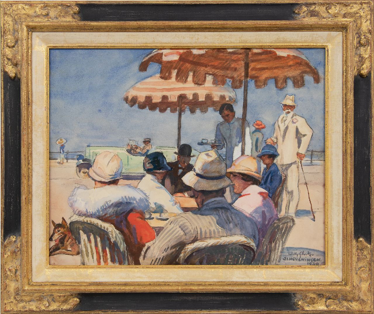 Sluiter J.W.  | Jan Willem 'Willy' Sluiter | Watercolours and drawings offered for sale | On the Scheveningen boulevard, in the morning, chalk and watercolour on board 37.1 x 47.0 cm, signed l.r. and dated 'Scheveningen' 1930