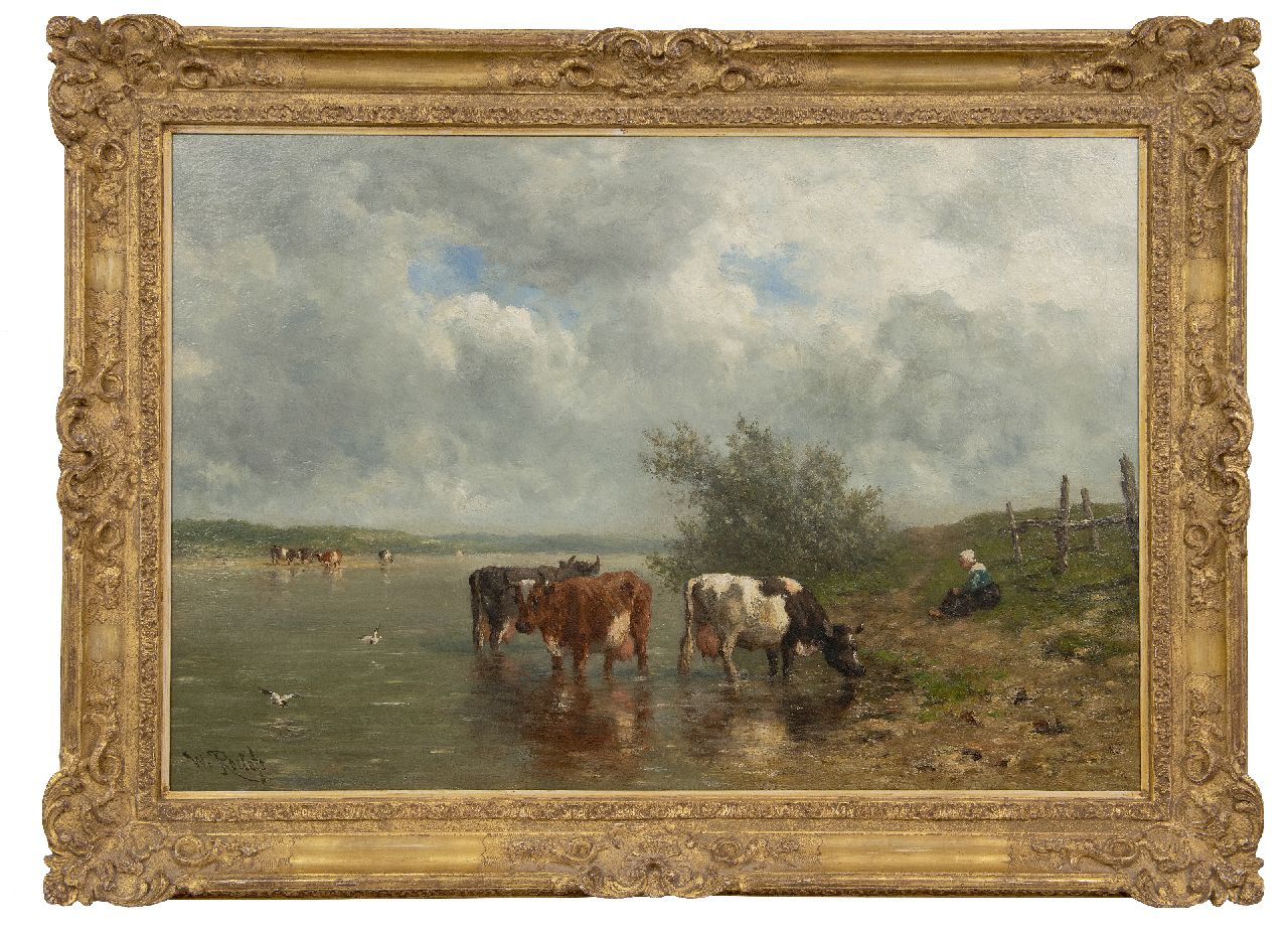 Roelofs W.  | Willem Roelofs, River landscape with drinking cows, oil on canvas 69.1 x 106.9 cm, signed l.l.