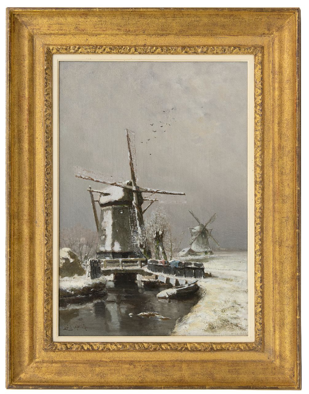 Apol L.F.H.  | Lodewijk Franciscus Hendrik 'Louis' Apol, Windmills in winter, oil on canvas 50.1 x 34.8 cm, signed l.l. and 1875-1878