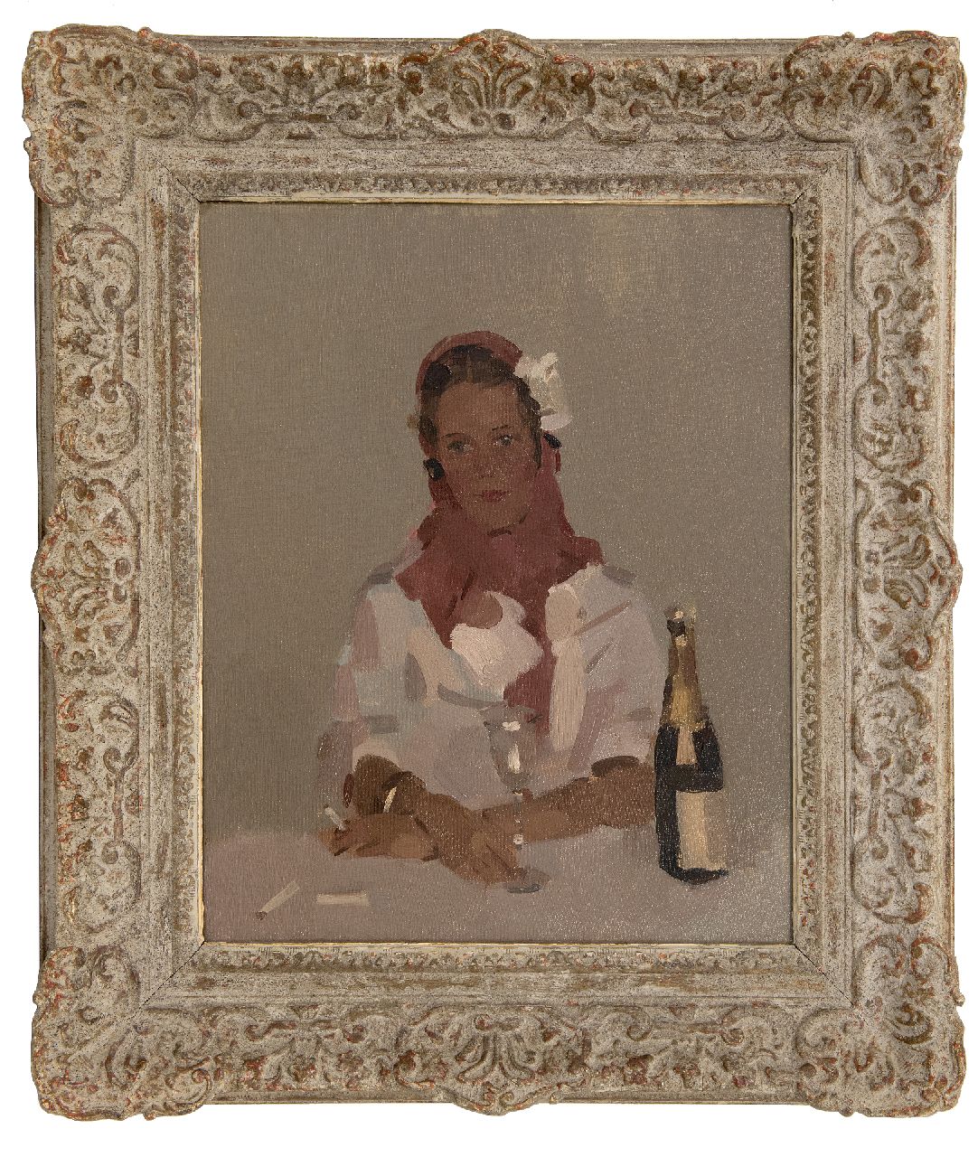 Verdonk F.W.  | Frederik Willem 'Frits' Verdonk | Paintings offered for sale | Woman with cigarette and champagne bottle, oil on canvas 50.2 x 40.1 cm