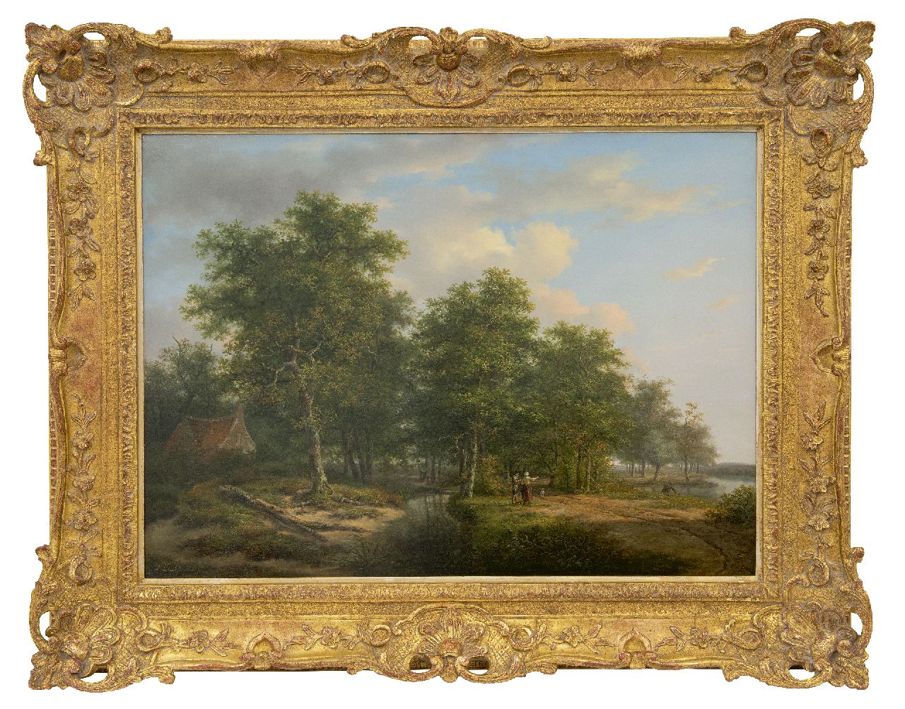 Schelfhout A.  | Andreas Schelfhout | Paintings offered for sale | Forest landscape with figures by a river (pendant of winter landscape), oil on panel 52.8 x 72.5 cm, signed l.l. and painted circa 1815