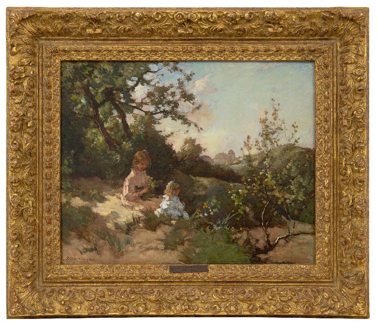 Akkeringa J.E.H.  | 'Johannes Evert' Hendrik Akkeringa | Paintings offered for sale | Children picking flowers in the dunes, oil on panel 31.9 x 39.4 cm, signed l.l.