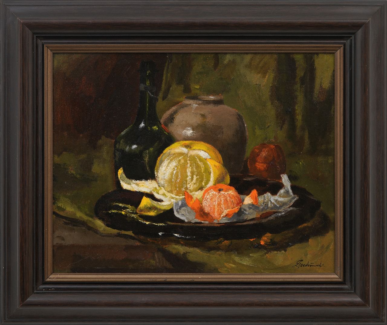 Goedvriend Th.F.  | Theodoor Franciscus 'Theo' Goedvriend | Paintings offered for sale | Still life with a peeled orange and mandarine, oil on painter's board 37.4 x 47.3 cm, signed l.r.