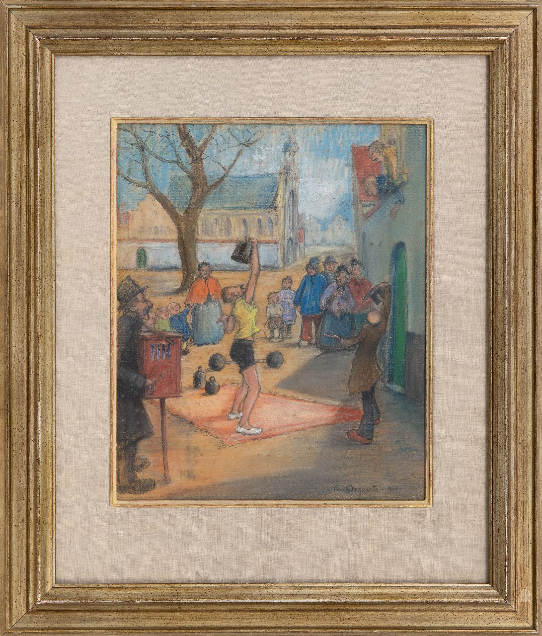 Bogaerts F.  | Alfred 'Fred' Bogaerts | Watercolours and drawings offered for sale | Street artists by the Sint-Margaritachurch in Lier, gouache on paper 31.2 x 25.7 cm, signed l.r. and dated 1923