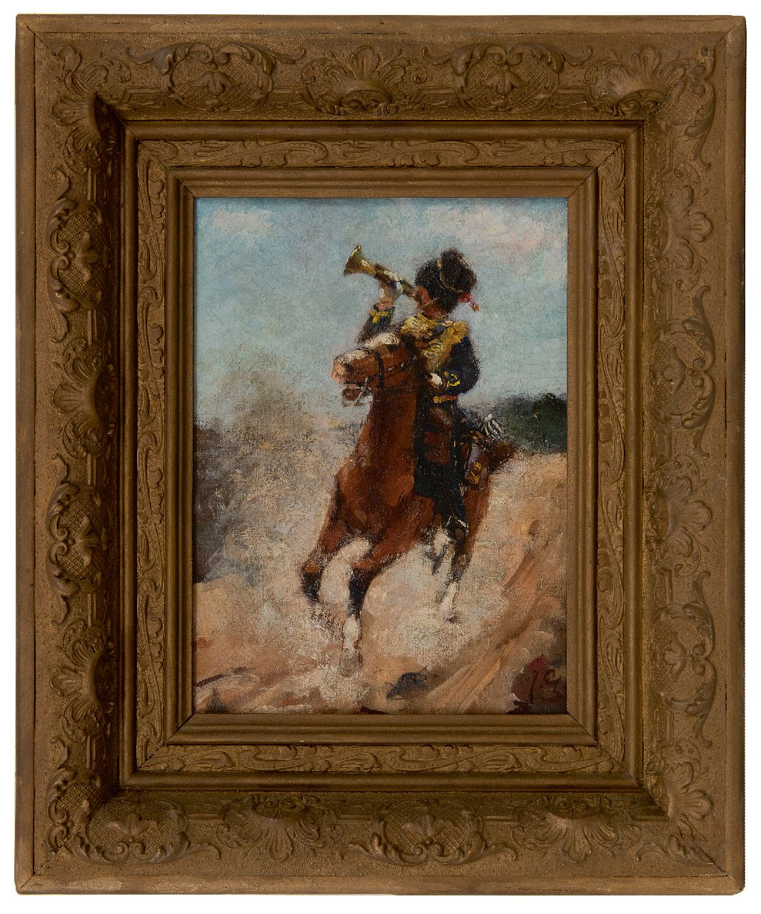 Geerlings J.H.  | Jacob Hendrik Geerlings, Cavalrist with trumpet, oil on canvas 32.1 x 22.9 cm, signed l.r. with initials