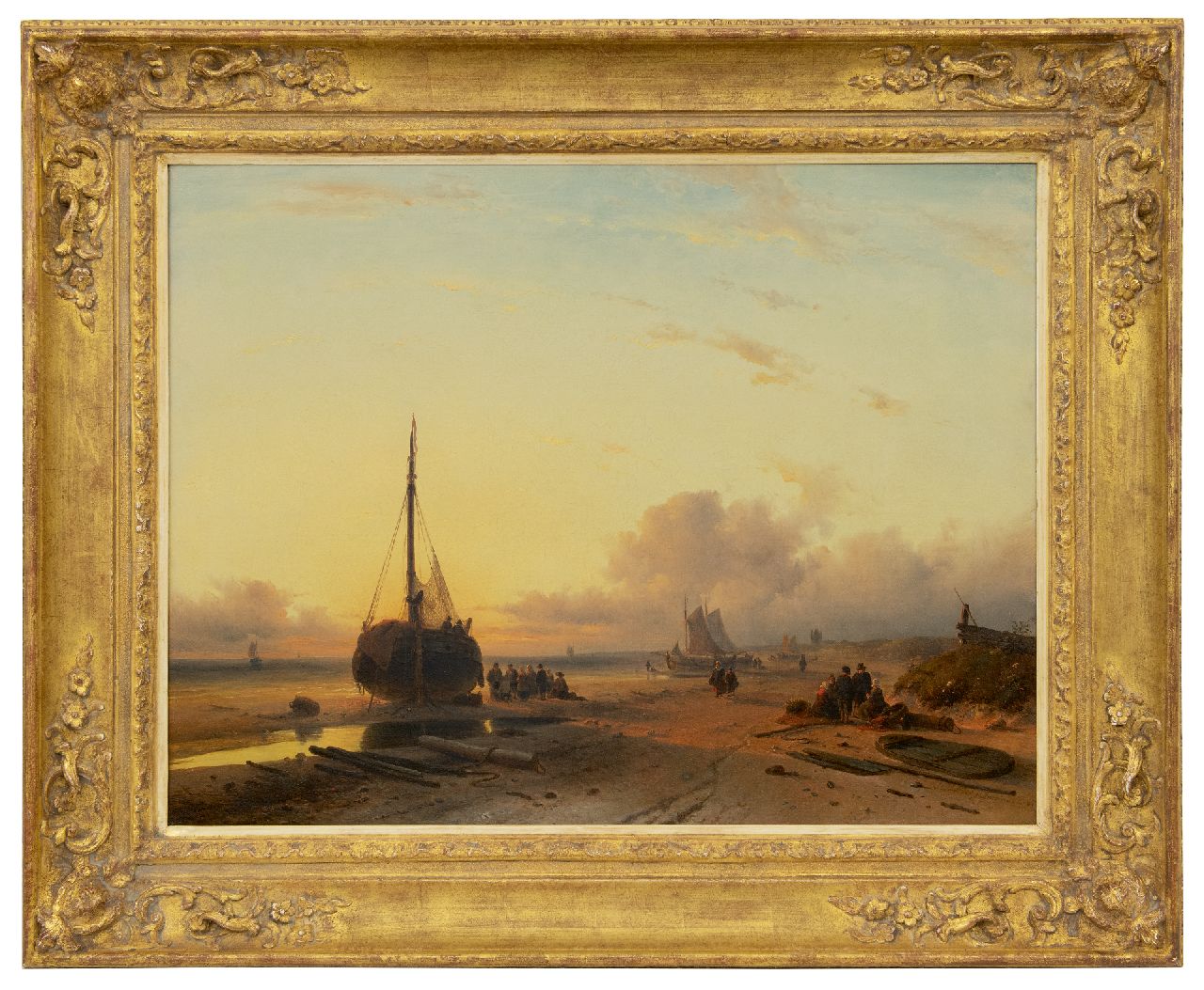 Leickert C.H.J.  | 'Charles' Henri Joseph Leickert | Paintings offered for sale | Fishing vessels on a beach at sunset, oil on canvas 58.0 x 75.0 cm, signed l.r. and dated 'London' 1845