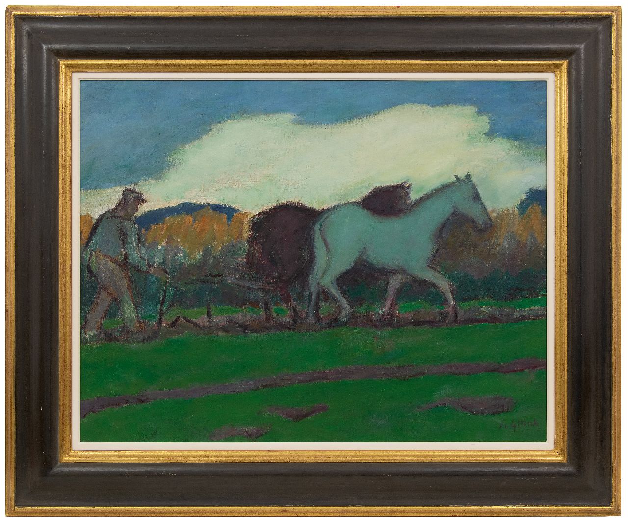 Altink J.  | Jan Altink | Paintings offered for sale | Ploughing farmer with horses, wax paint on canvas 55.0 x 70.1 cm, signed l.r. and painted ca. 1924-1928