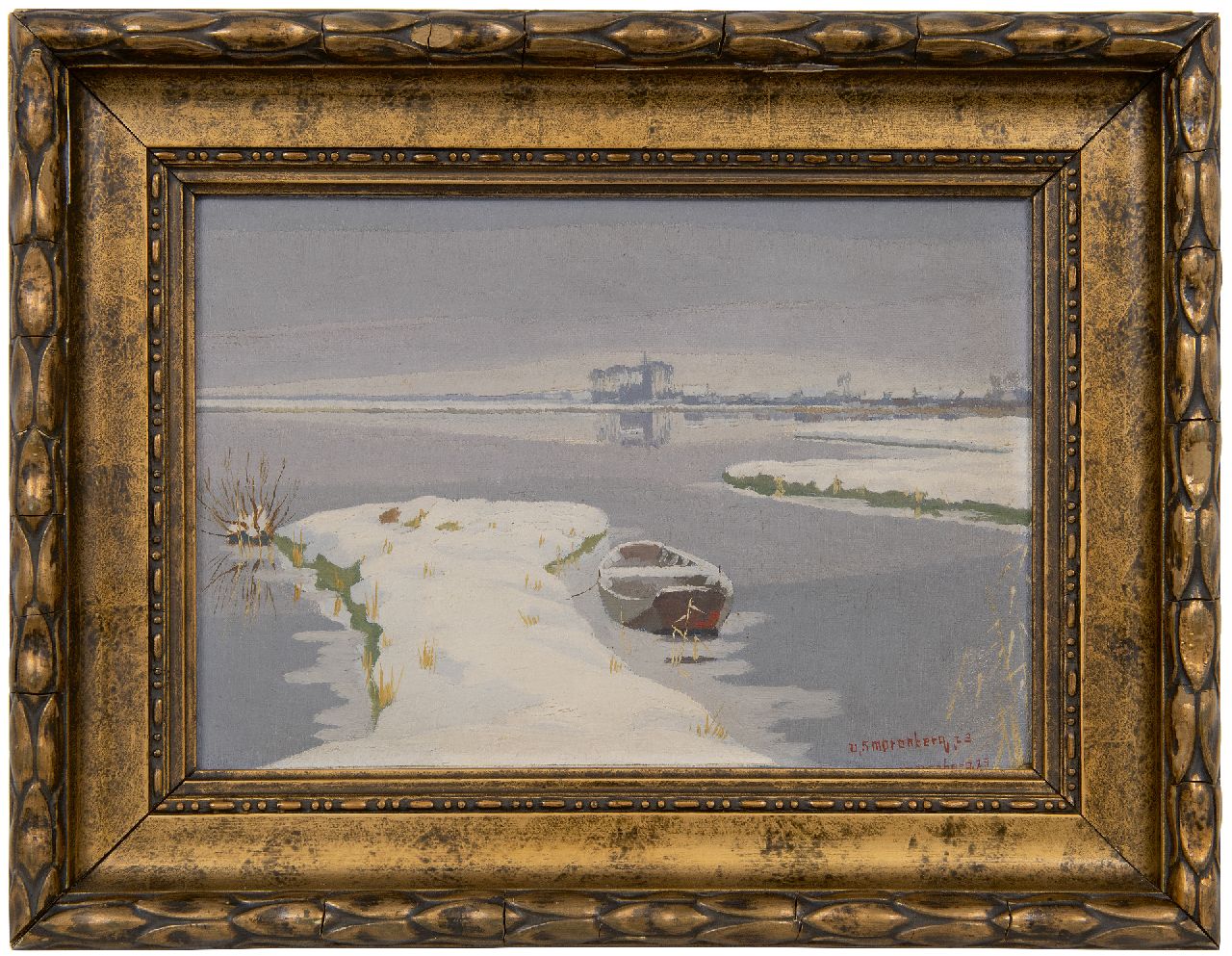 Smorenberg D.  | Dirk Smorenberg | Paintings offered for sale | Snowy lake at Loosdrecht, the church of Oud-Loosdrecht in the distance, oil on canvas 22.3 x 31.9 cm, signed l.r. (twice) and dated '23 (twice)