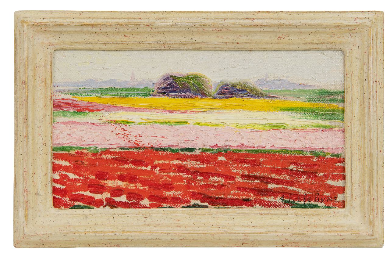 Lefebvre A.  | Albrecht 'Albert' Lefebvre, Bulb fields near Noordwijk, oil on canvas laid down on board 10.1 x 17.7 cm, signed l.r. and dated 1919 on the reverse