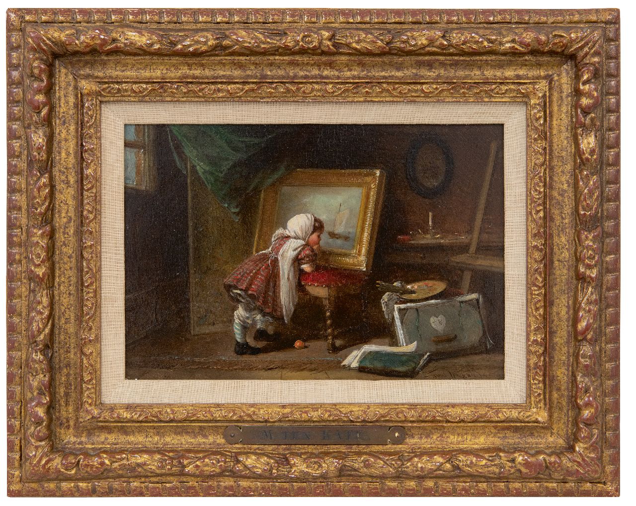 Kate J.M.H. ten | Johan 'Mari' Henri ten Kate, The young art lover, oil on panel 14.9 x 21.8 cm, signed l.r. and with initials on the drawing folder