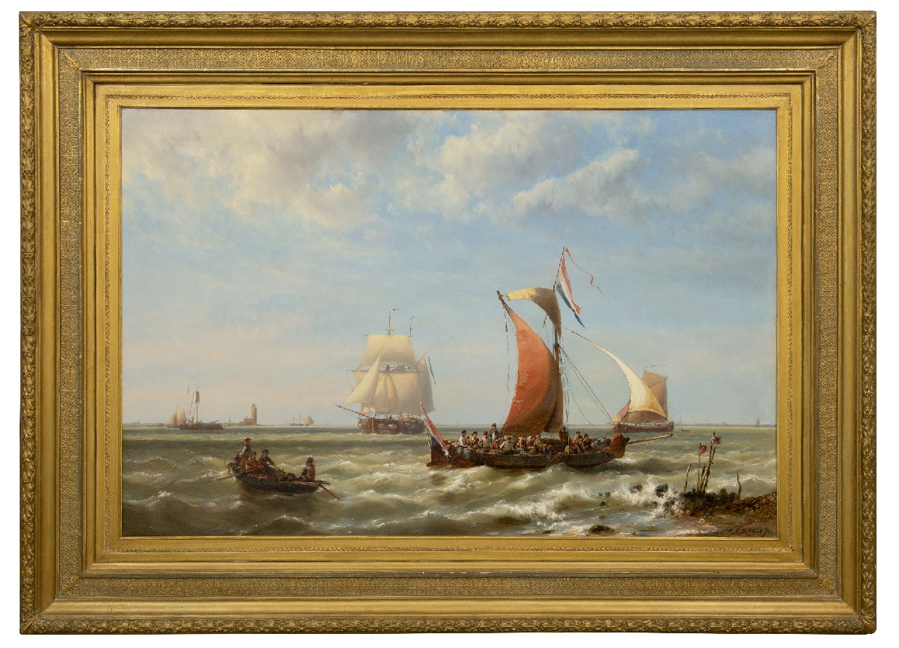 Koekkoek jr. H.  | Hermanus Koekkoek jr., Shipping off the coast, oil on panel 78.4 x 120.3 cm, signed l.r. and dated 1868