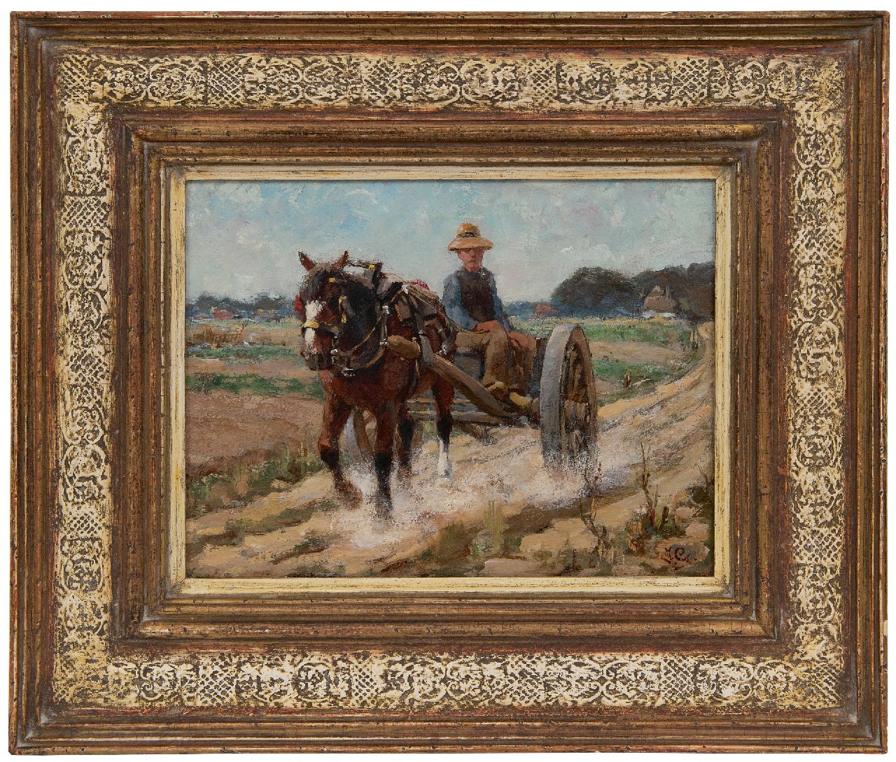 Geerlings J.H.  | Jacob Hendrik Geerlings, Horse and carriage on a country road, oil on panel 21.5 x 28.7 cm, signed l.r.
