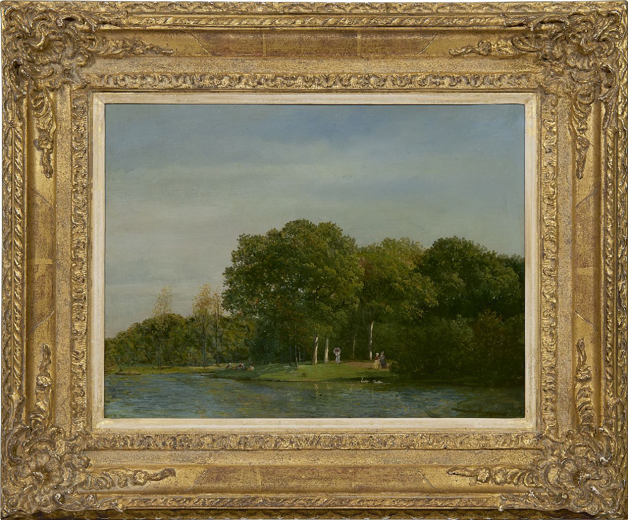 Sande Bakhuyzen J.J. van de | Julius Jacobus van de Sande Bakhuyzen | Paintings offered for sale | Landscape garden with elegant figures, oil on paper laid down on panel 26.7 x 35.0 cm, signed l.r.