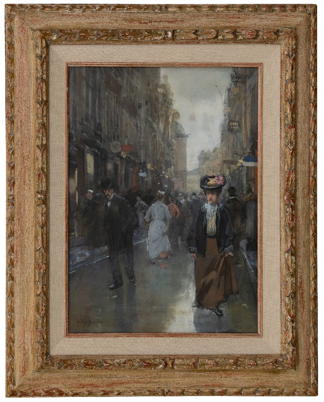 Arntzenius P.F.N.J.  | Pieter Florentius Nicolaas Jacobus 'Floris' Arntzenius | Watercolours and drawings offered for sale | Busy Spuistraat in The Hague, watercolour on paper 41.6 x 30.7 cm, signed l.l.