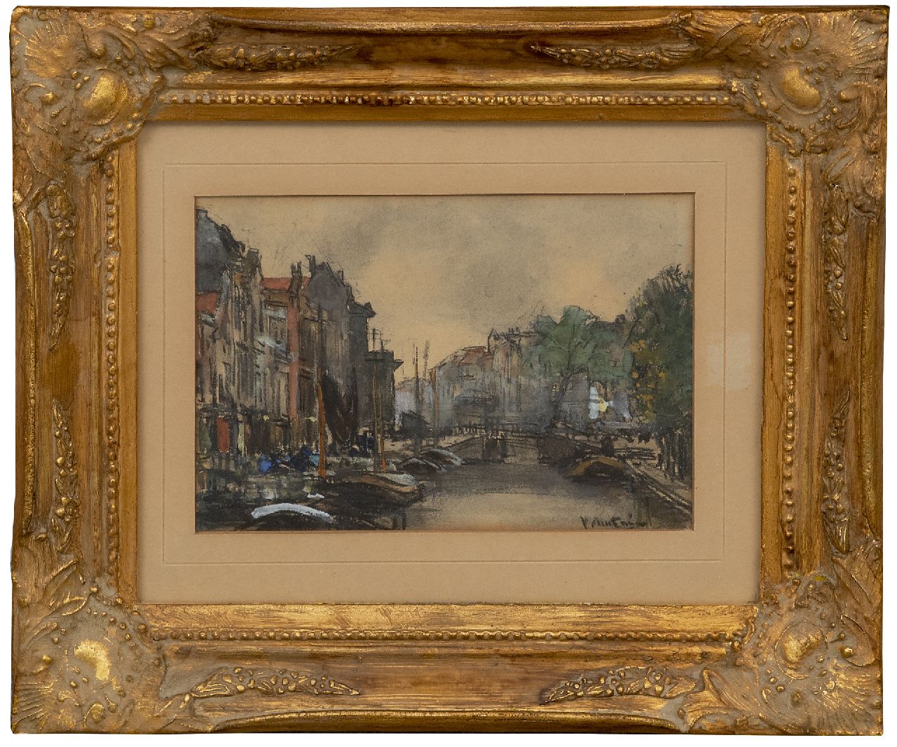 Arntzenius P.F.N.J.  | Pieter Florentius Nicolaas Jacobus 'Floris' Arntzenius | Watercolours and drawings offered for sale | View on a Dutch canal, black chalk and watercolour on paper 13.1 x 19.2 cm, signed l.r.