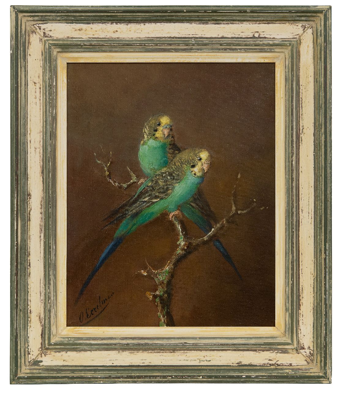 Eerelman O.  | Otto Eerelman | Paintings offered for sale | Two parakeets, oil on painter's board 30.4 x 23.7 cm, signed l.l. and no frame