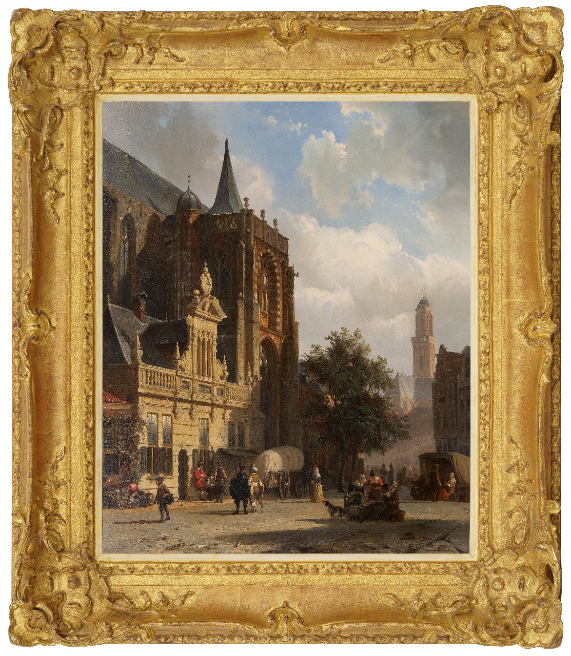 Springer C.  | Cornelis Springer, A sunny view of the Hoofdwacht at the Grote Markt in Zwolle, oil on panel 54.5 x 44.2 cm, signed l.r. with monogram and dated '59