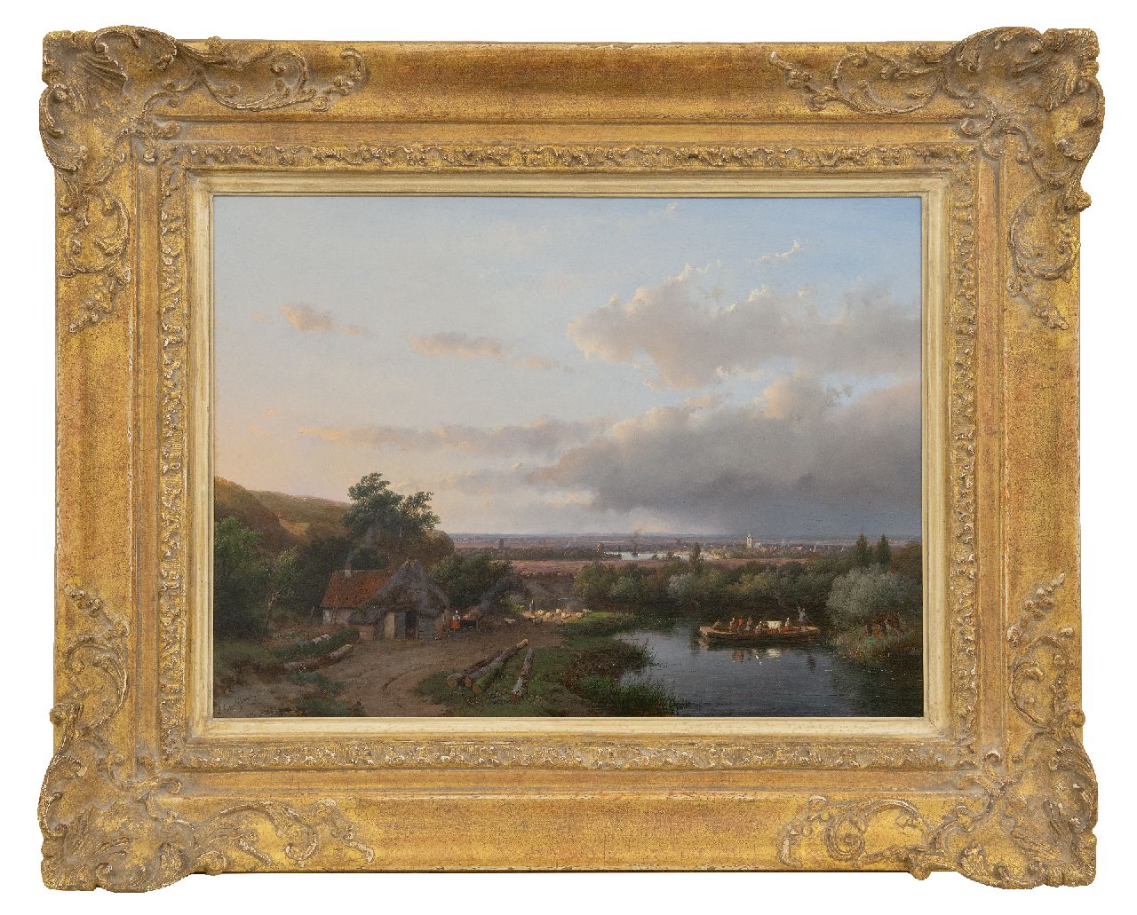 Schelfhout A.  | Andreas Schelfhout | Paintings offered for sale | Panoramic summer landscape with a ferry, oil on panel 37.3 x 50.6 cm, signed l.l. and dated '57