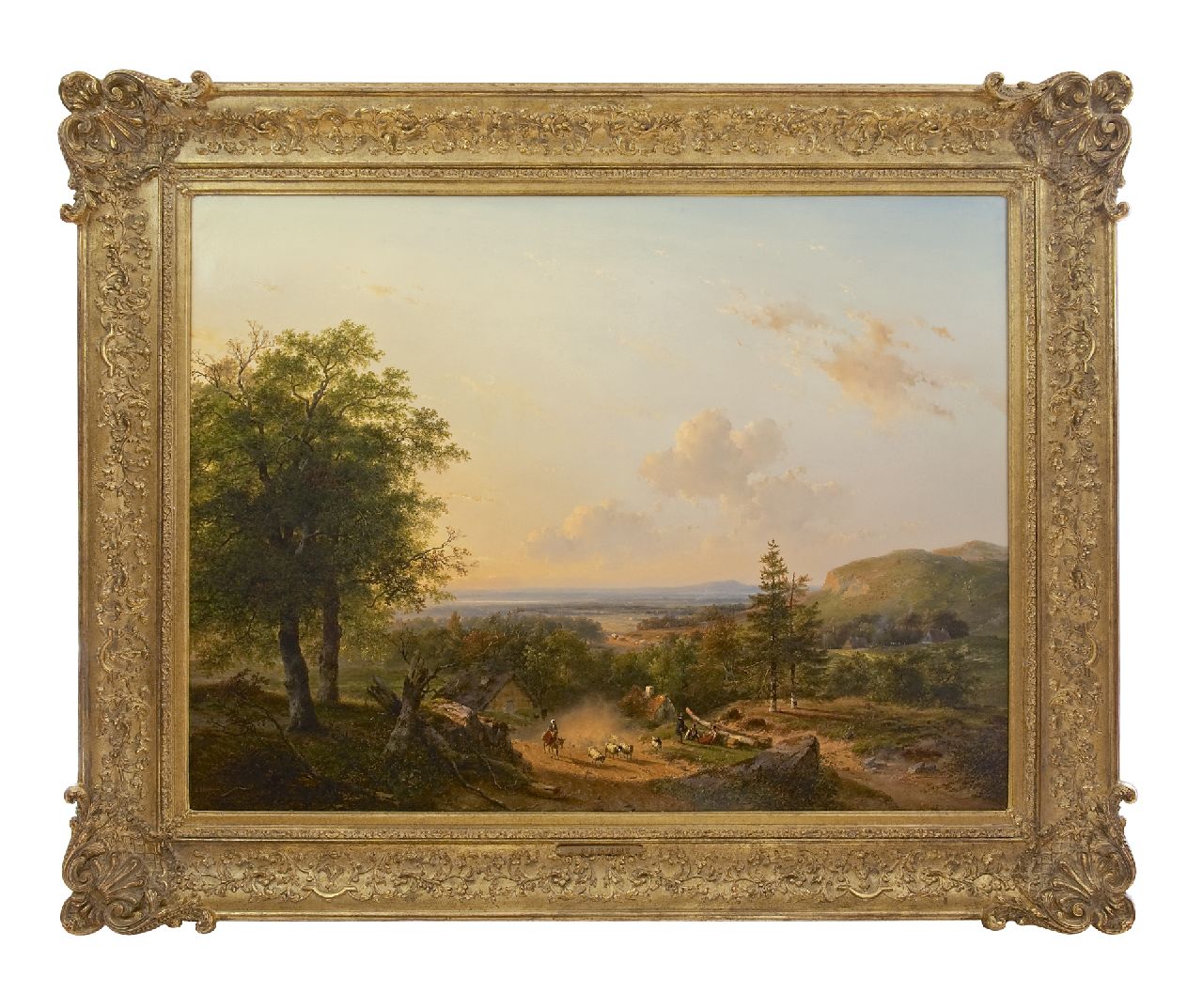 Schelfhout A.  | Andreas Schelfhout, A shepherdess and her flock in a hilly summer landscape, oil on canvas 110.4 x 146.0 cm, signed l.l. and dated 1849