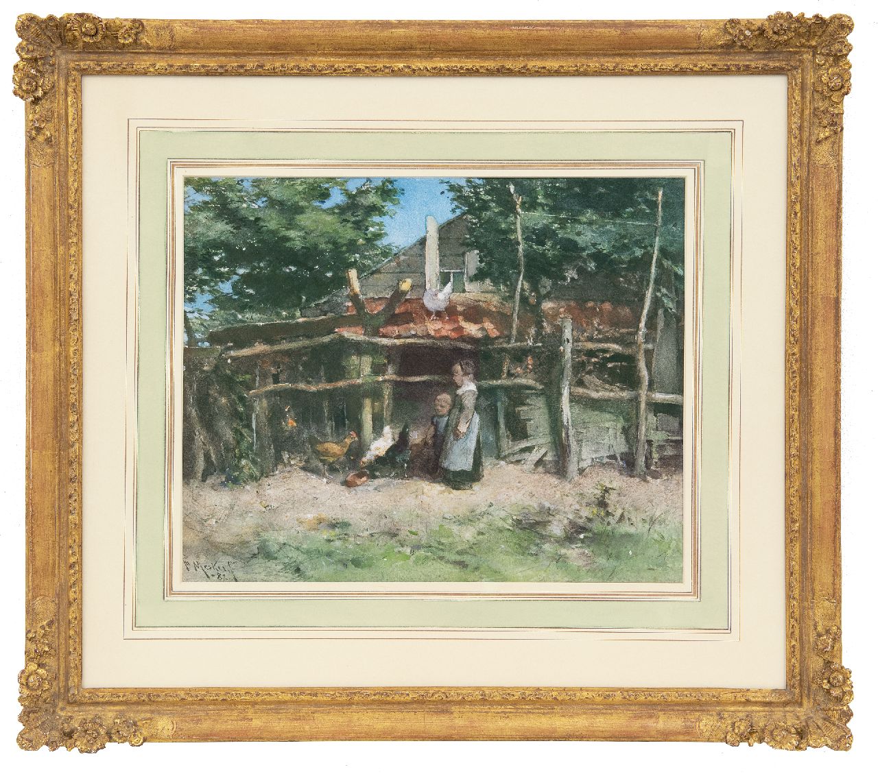 Mesker T.L.  | Theodorus Ludovicus 'Theo' Mesker | Watercolours and drawings offered for sale | Near the poultry house, watercolour on paper 32.5 x 39.5 cm, signed l.l. and dated '82