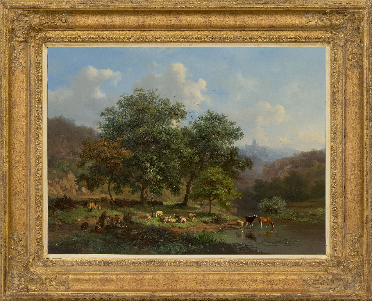 Kruseman F.M.  | Frederik Marinus Kruseman | Paintings offered for sale | Summer Landscape with resting land folk and cattle at a river, oil on panel 48.1 x 64.4 cm, signed l.l.