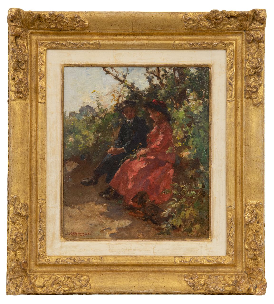 Akkeringa J.E.H.  | 'Johannes Evert' Hendrik Akkeringa | Paintings offered for sale | Courtship, oil on panel 28.5 x 24.4 cm, signed l.l.