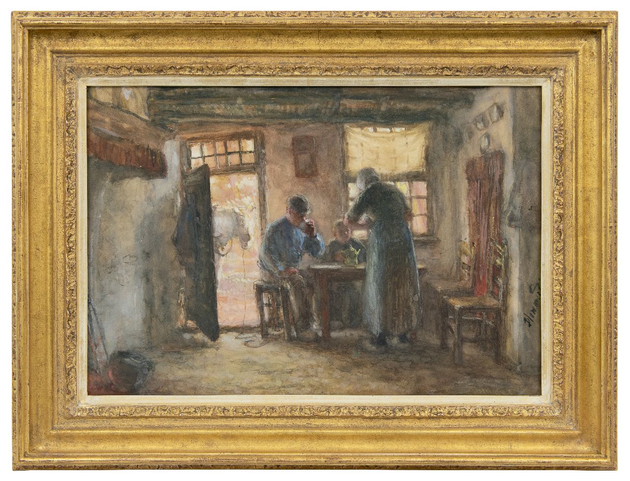 Blommers B.J.  | Bernardus Johannes 'Bernard' Blommers | Watercolours and drawings offered for sale | The waiting horse - Farmers family around the table, watercolour on paper 37.6 x 54.3 cm, signed l.r.