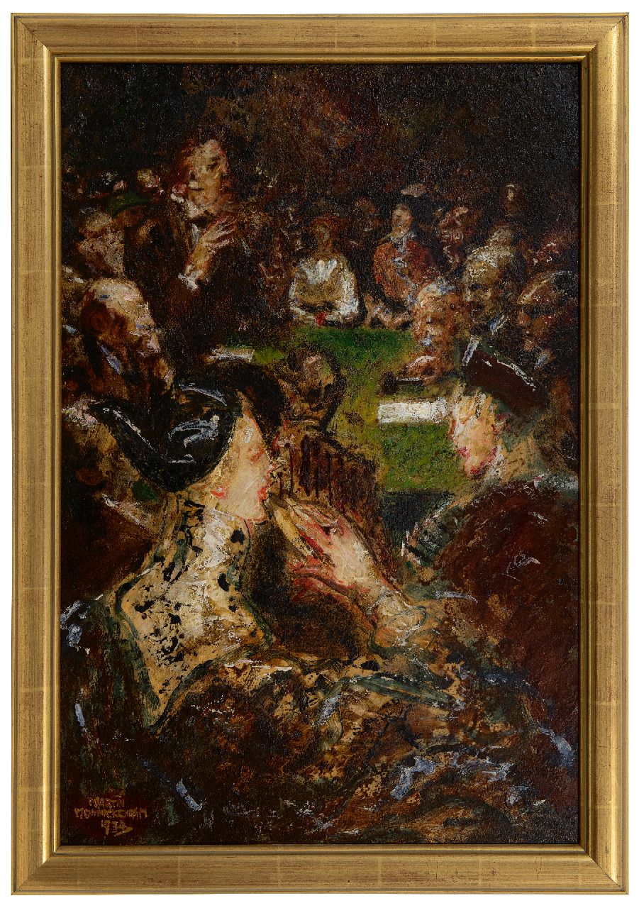 Monnickendam M.  | Martin Monnickendam | Paintings offered for sale | Meeting in Arti et Amicitiae with the painter Huib Luns speaking, oil on board 41.0 x 61.0 cm, signed l.l. and dated 1934