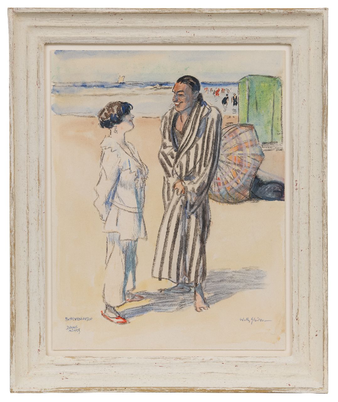 Sluiter J.W.  | Jan Willem 'Willy' Sluiter | Watercolours and drawings offered for sale | Scheveningen, Bains Mixtes, chalk and watercolour on paper on board 47.0 x 36.7 cm, signed l.r.