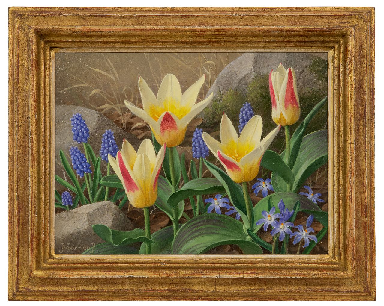 Voerman jr. J.  | Jan Voerman jr. | Paintings offered for sale | Tulips, blue grape hyacinths and scilla, oil on canvas laid down on board 22.4 x 29.9 cm, signed l.l.