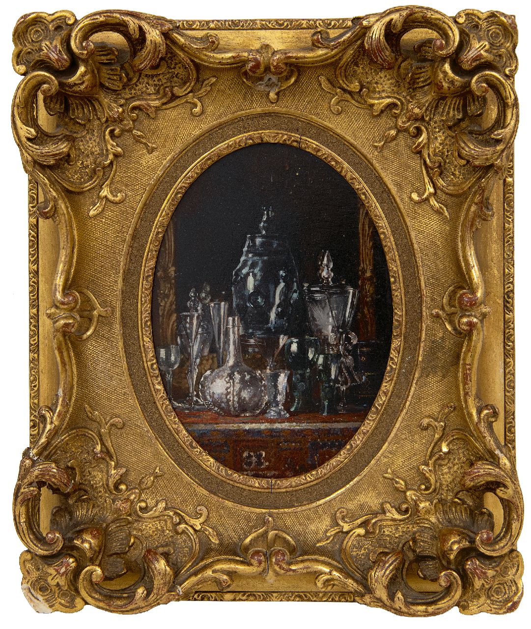 Bakker Korff A.H.  | Alexander Hugo Bakker Korff | Paintings offered for sale | Verreries, oil on panel 16.5 x 12.0 cm, signed l.r. with initials and in full on a label on the r and dated 1875 on a label on the reverse