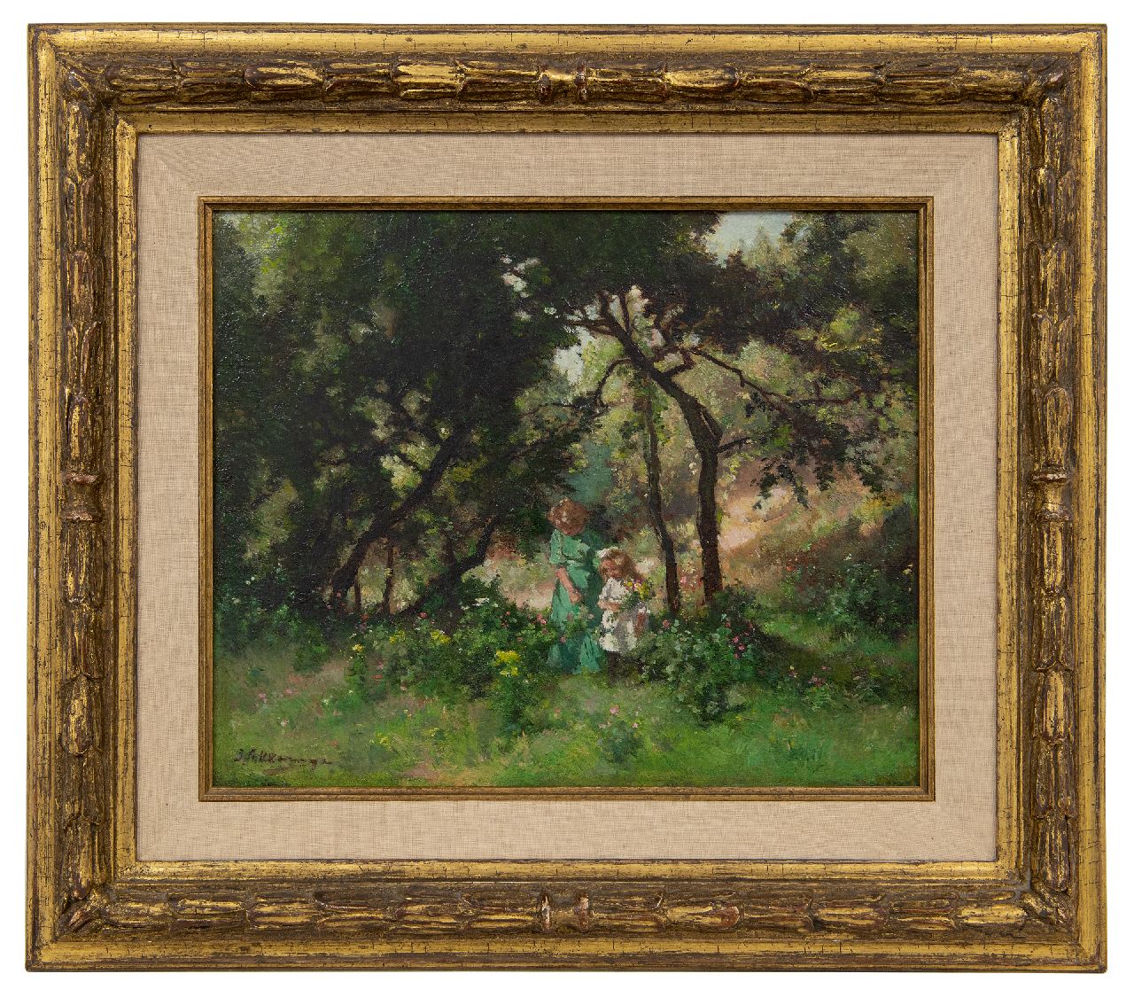 Akkeringa J.E.H.  | 'Johannes Evert' Hendrik Akkeringa | Paintings offered for sale | Picking flowers in the dunes, oil on canvas 29.3 x 35.6 cm, signed l.r.