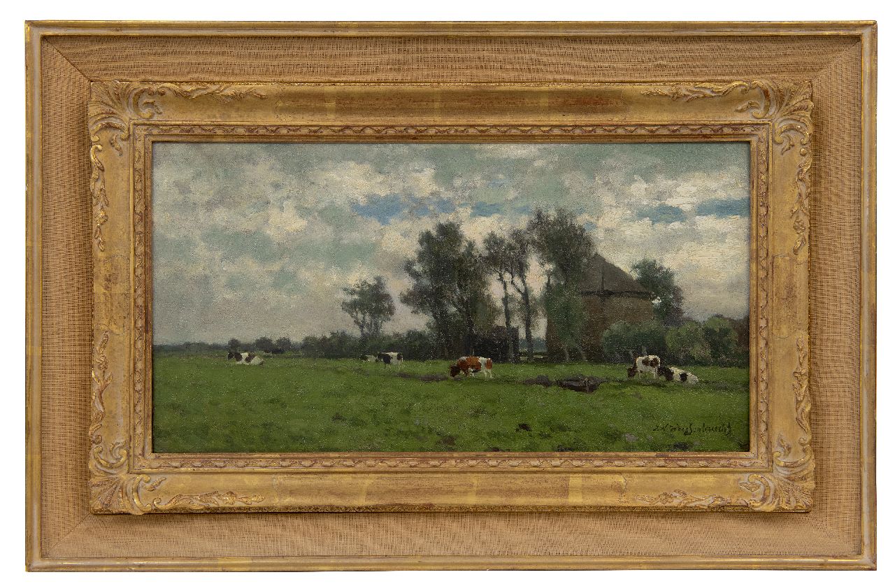 Weissenbruch H.J.  | Hendrik Johannes 'J.H.' Weissenbruch | Paintings offered for sale | Grazing cows near a haybarn, oil on canvas 24.8 x 45.4 cm, signed l.r.