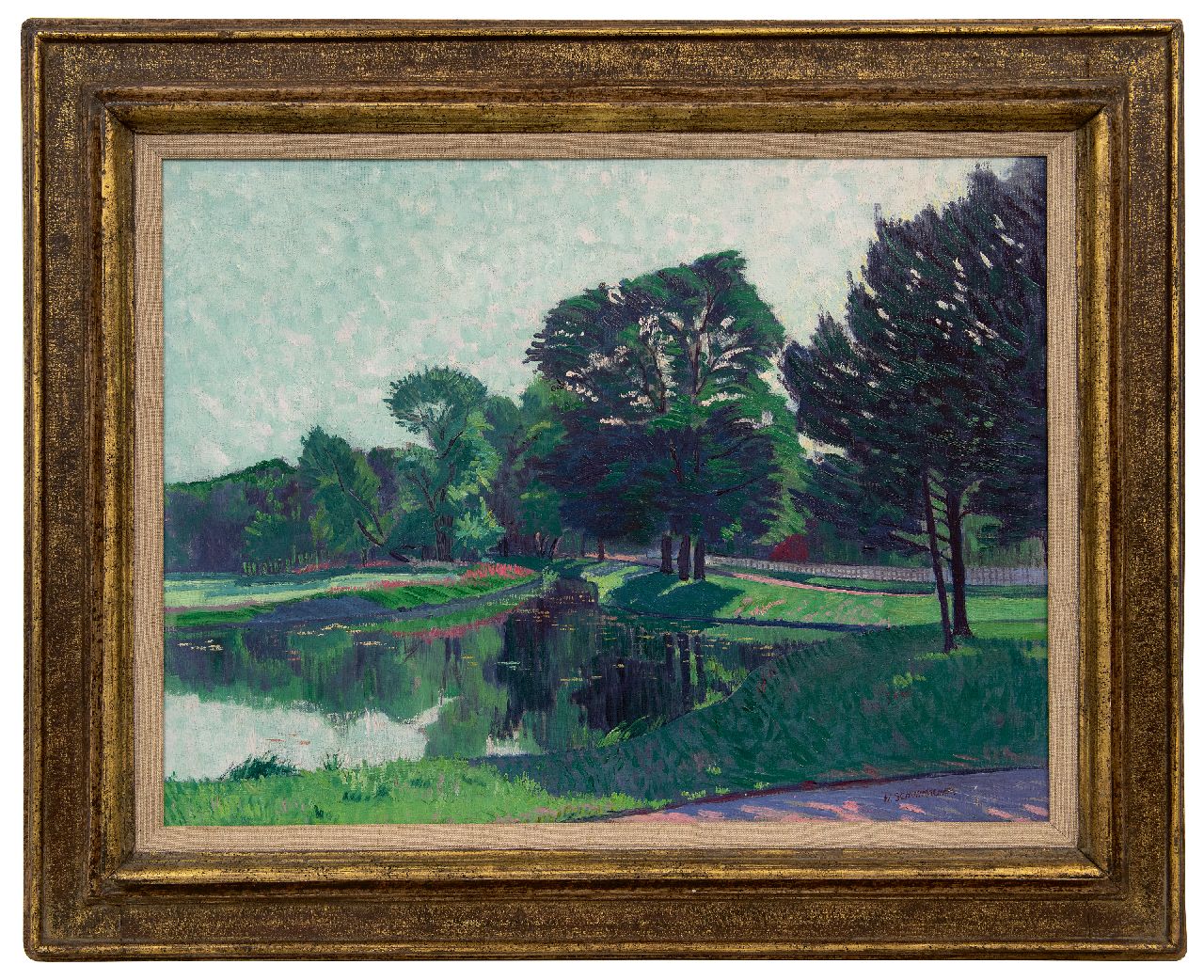 Schuhmacher W.G.C.  | Wijtze Gerrit Carel 'Wim' Schuhmacher | Paintings offered for sale | Park landscape with pond, oil on canvas 47.8 x 62.9 cm, signed l.r. and painted ca. 1915