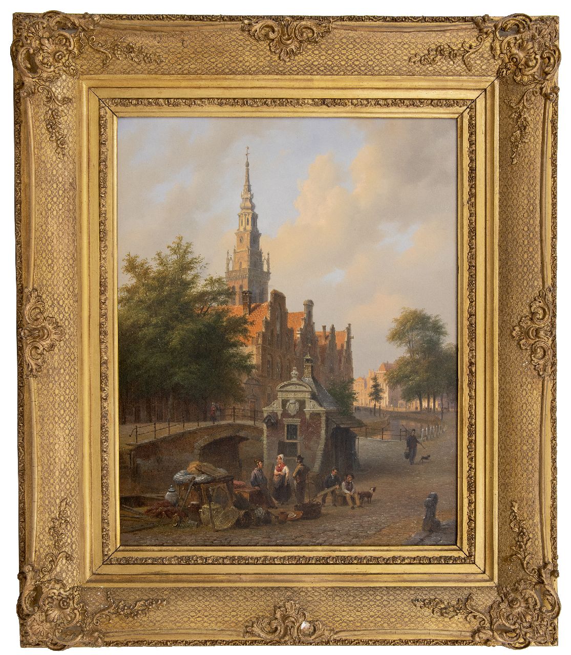 Hove B.J. van | Bartholomeus Johannes 'Bart' van Hove | Paintings offered for sale | A town view with an antiques dealer in the foreground, oil on panel 50.1 x 39.6 cm, signed l.l. and dated 1844