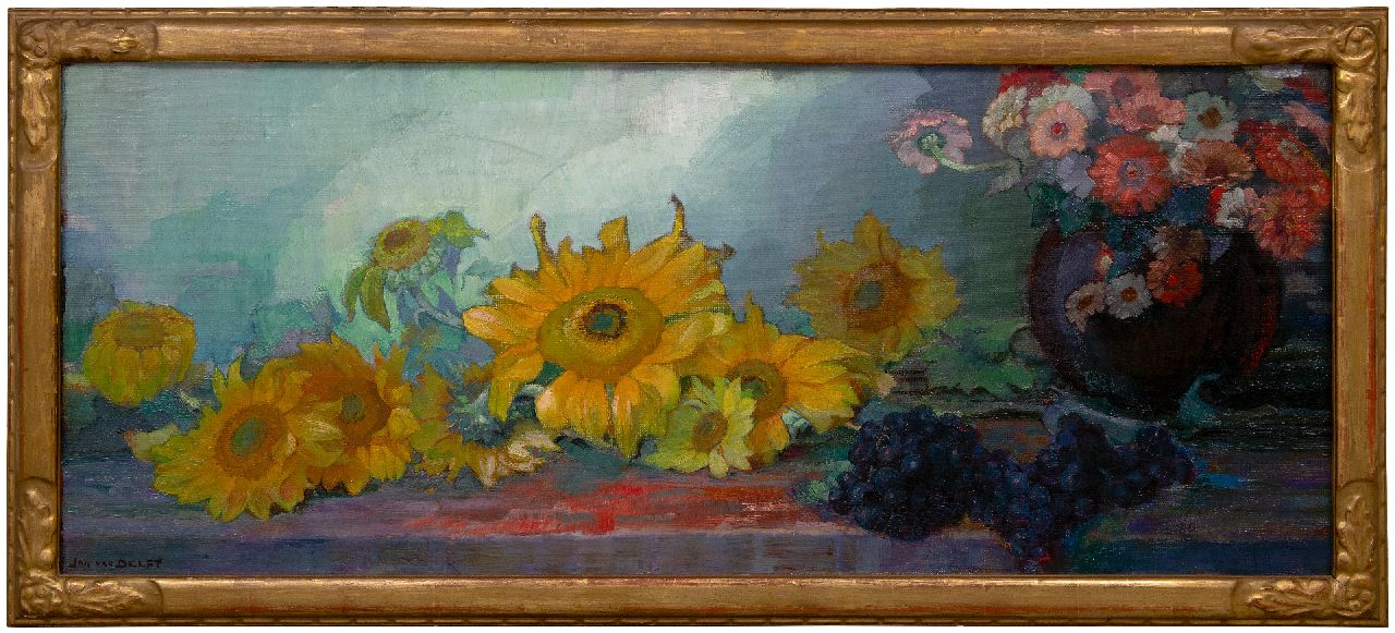 Delft J.P. van | Johannes 'Jan' Petrus van Delft | Paintings offered for sale | Still life with sunflowers, oil on canvas 48.4 x 115.6 cm, signed l.l.