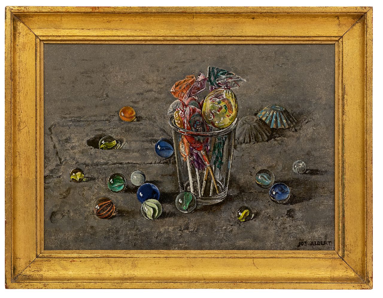 Albert J.P.  | Joseph Pierre 'Jos' Albert | Paintings offered for sale | Still life with sweets and marbles, oil on canvas 24.6 x 33.3 cm, signed l.r.