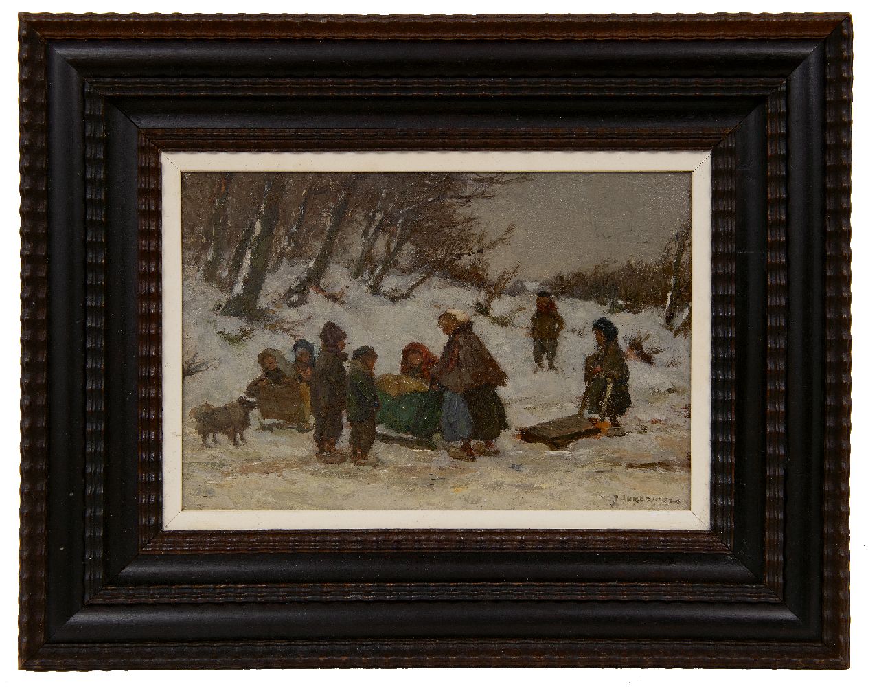 Akkeringa J.E.H.  | 'Johannes Evert' Hendrik Akkeringa | Paintings offered for sale | A winter walk with the child in a sleigh, oil on panel 17.0 x 24.6 cm, signed l.r.
