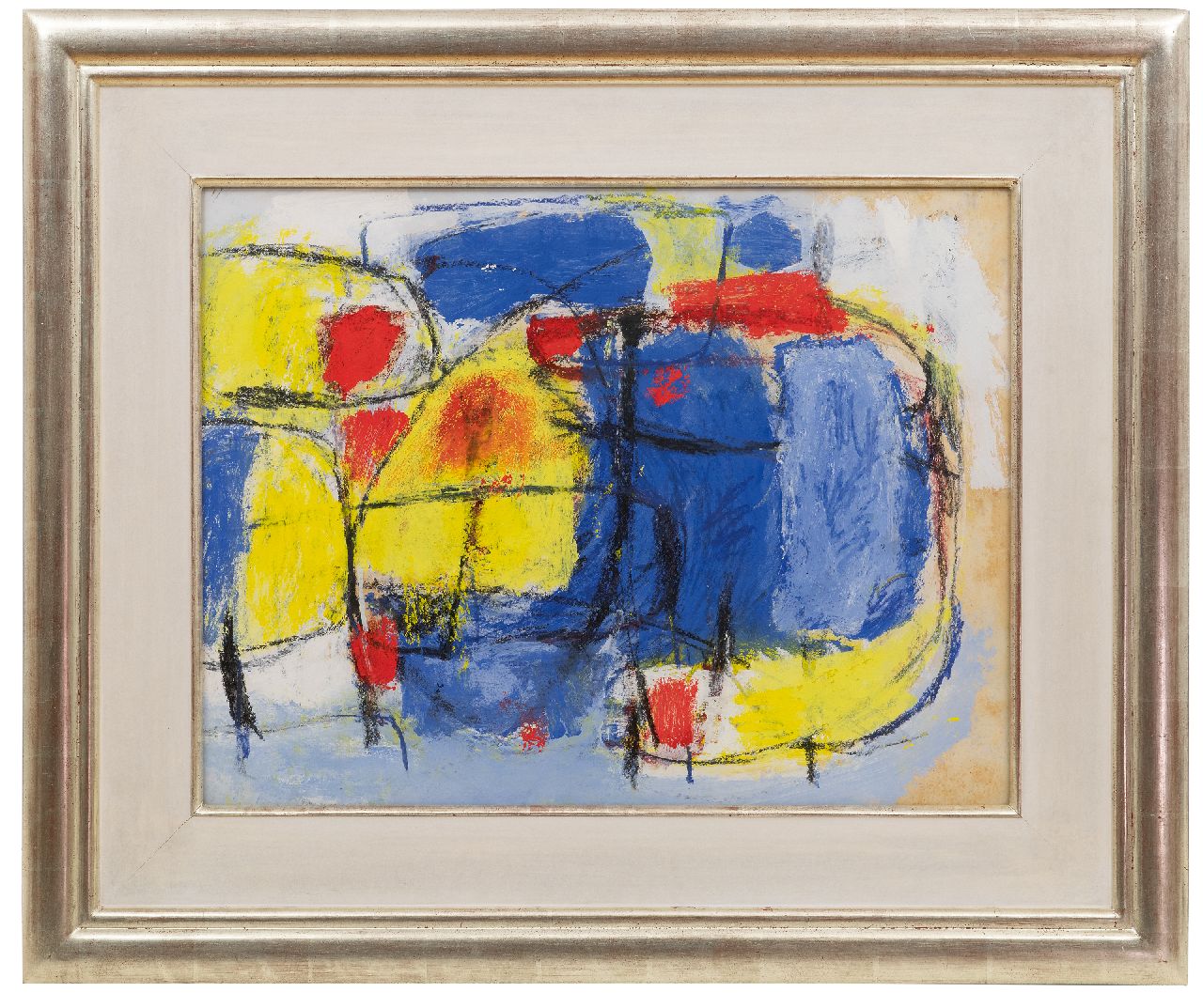 Nanninga J.  | Jacob 'Jaap' Nanninga | Watercolours and drawings offered for sale | Composition in blue, yellow, red; on the reverse: Composition, chalk and gouache on paper 40.9 x 54.0 cm, signed on the reverse and painted ca. 1958