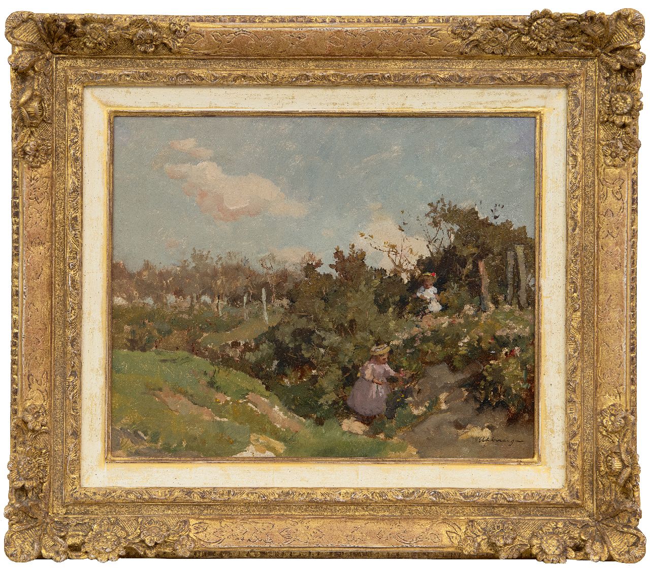 Akkeringa J.E.H.  | 'Johannes Evert' Hendrik Akkeringa | Paintings offered for sale | Picking flowers in the dunes, oil on panel 32.3 x 40.0 cm, signed l.r.