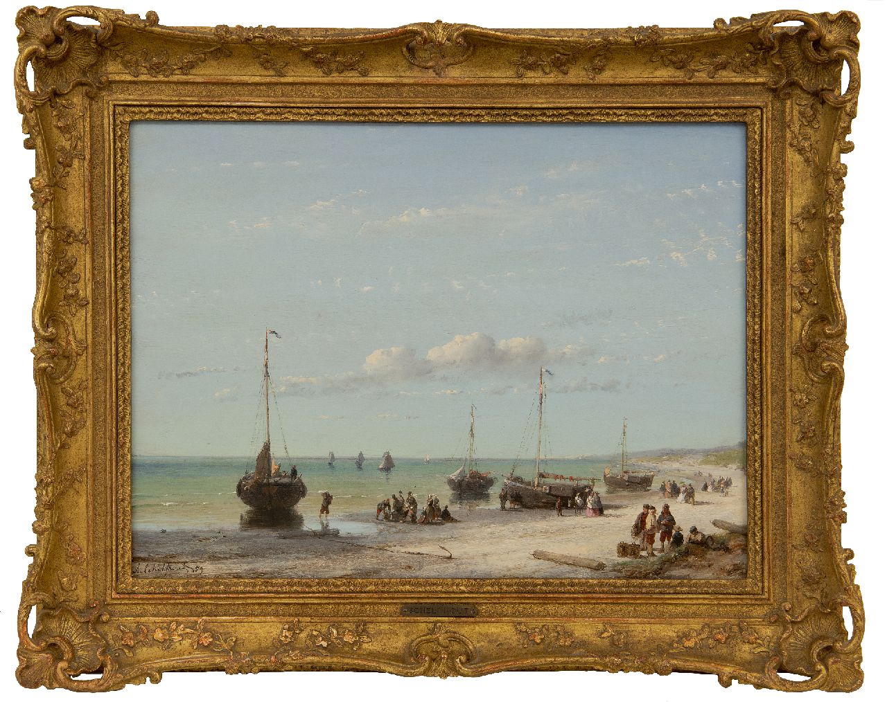 Schelfhout A.  | Andreas Schelfhout | Paintings offered for sale | Beach scene with ships, fishermen and elegant visitors, oil on panel 32.1 x 43.0 cm, signed l.l. and dated '59